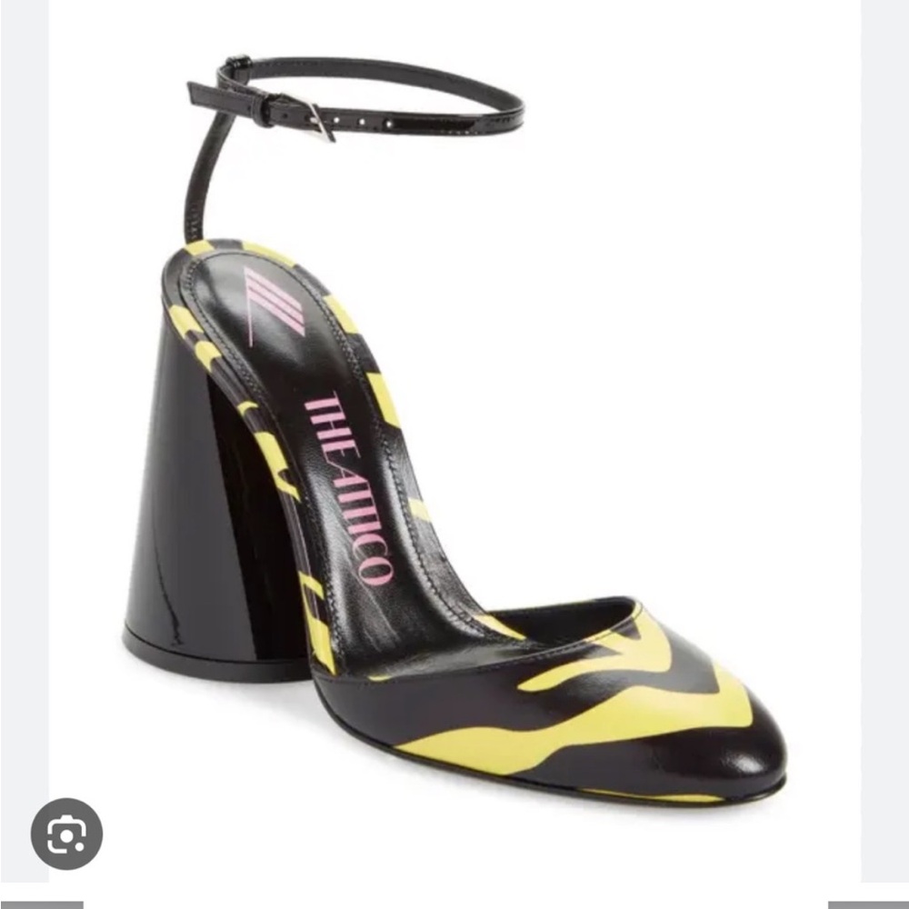 The Attico Luz Block Cone Heel Ankle Strap Pumps Yellow Black Zebra Size 36